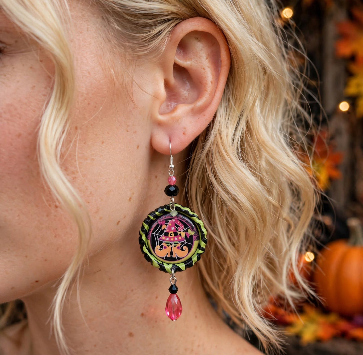 Halloween Witchy Bottlecap Earrings - Spooky Cute Dangle Jewelry