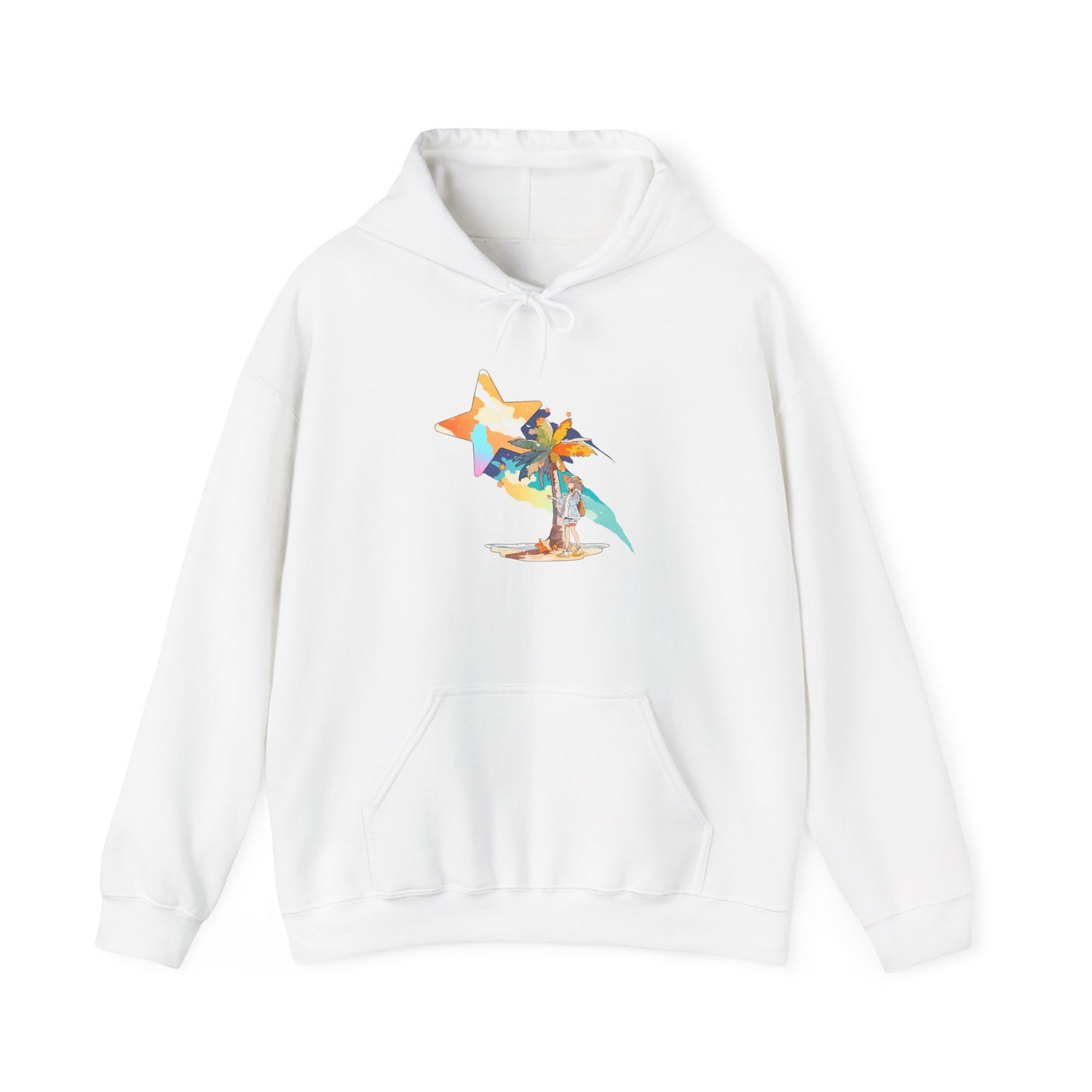 Anime Summer-Themed Unisex Heavy Blendâ„¢ Hooded Sweatshirt with Art of Girl & Coconut Tree under a Shooting Star - Warm Tropical Vibes
