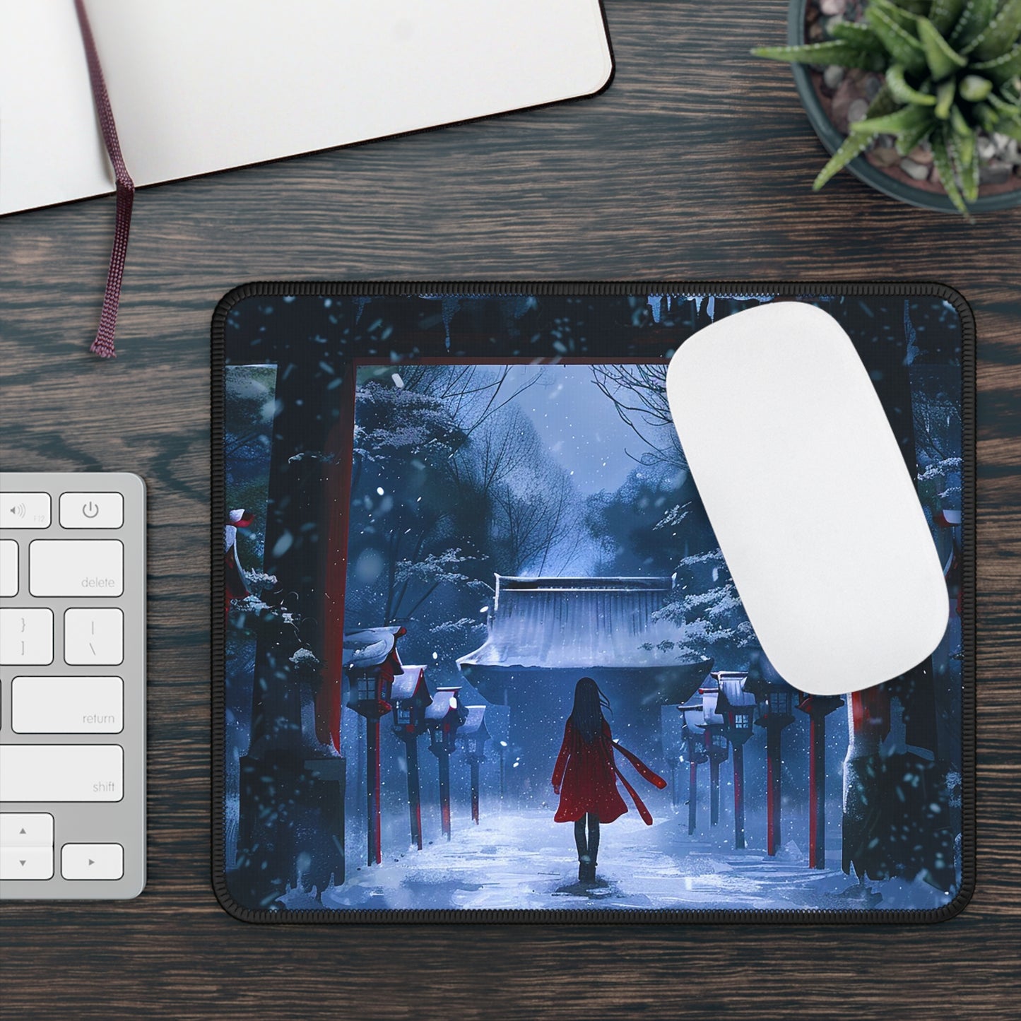 Japanese Snowy Shinto Shrine Girl Gaming Mouse Pad