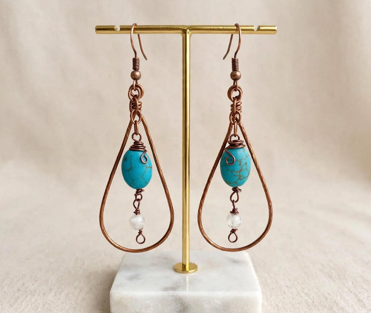 Handmade Boho Turquoise & Copper Teardrop Earrings - Moonstone Wire-Wrapped Dangle Jewelry