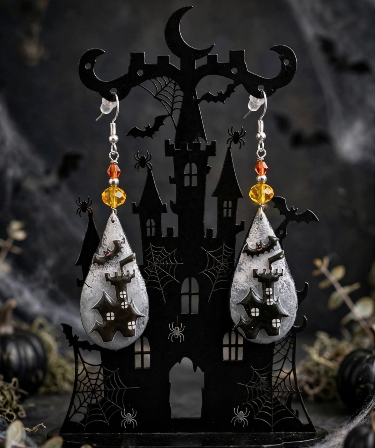 Spooky Dangle Teardrop Clay Resin Haunted Castle