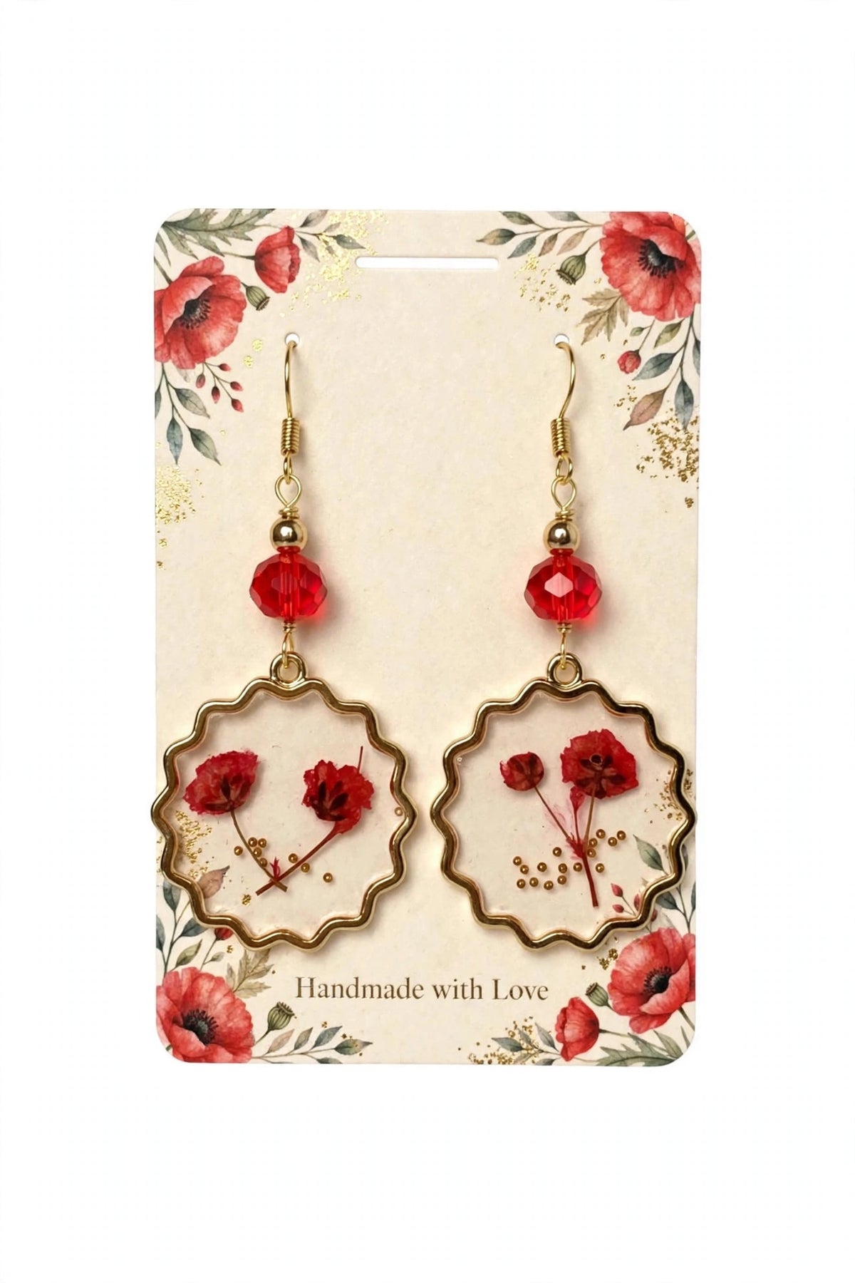 Red Flowers Resin Metal Earrings - Unique & Elegant Dangle Jewelry