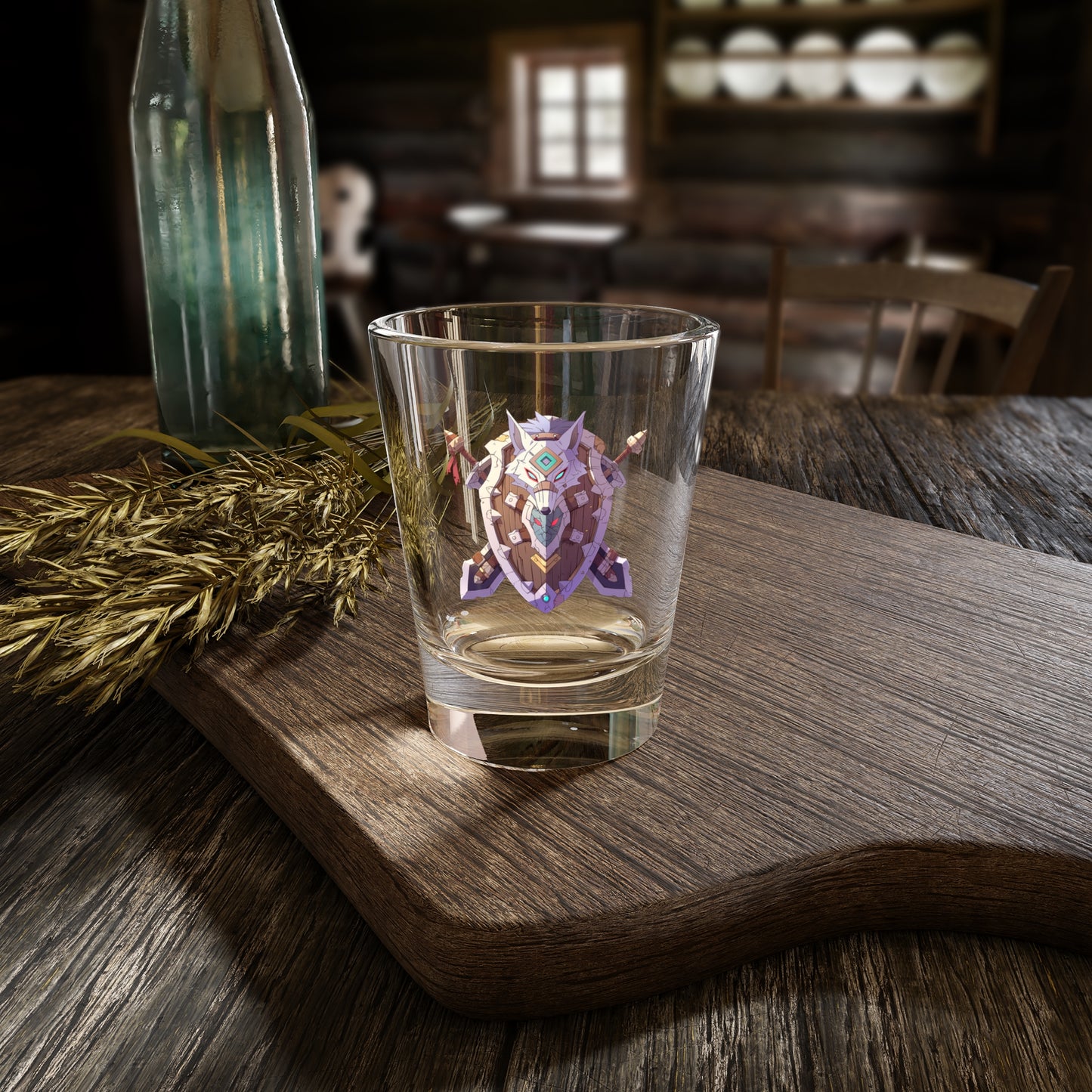 Anime Fantasy Wolf Shield Heraldry Shot Glass, 1.5oz