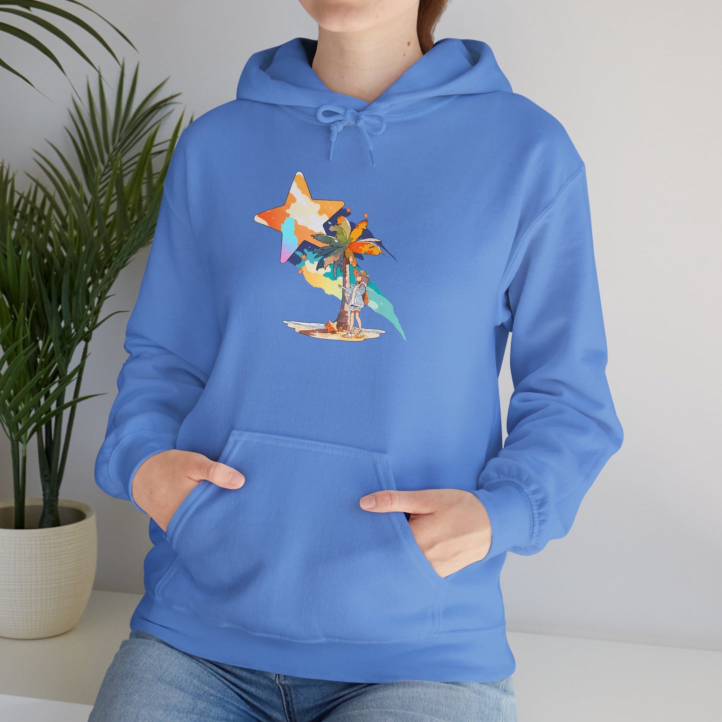 Anime Summer-Themed Unisex Heavy Blendâ„¢ Hooded Sweatshirt with Art of Girl & Coconut Tree under a Shooting Star - Warm Tropical Vibes