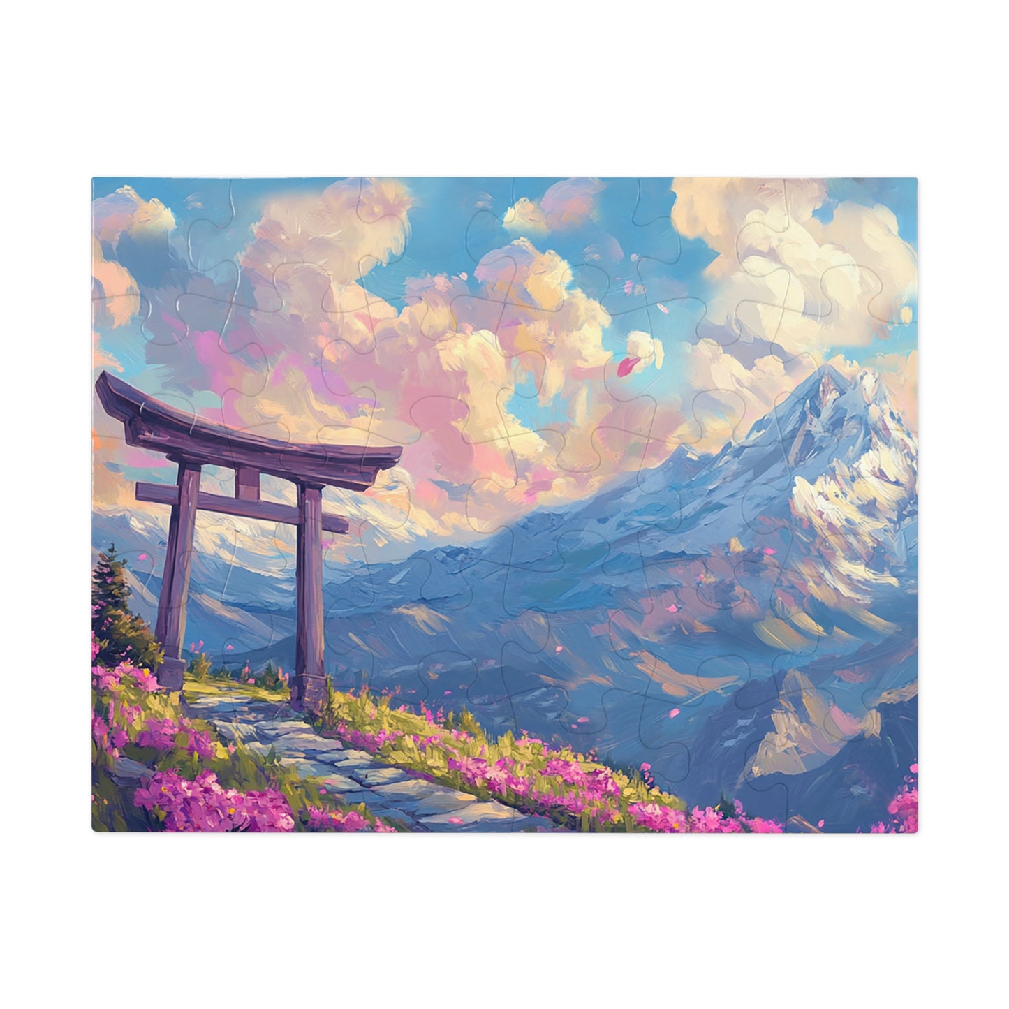 Serene Torii Gate Jigsaw Puzzle with Tin - Japanese Cherry Blossom Mountain Landscape