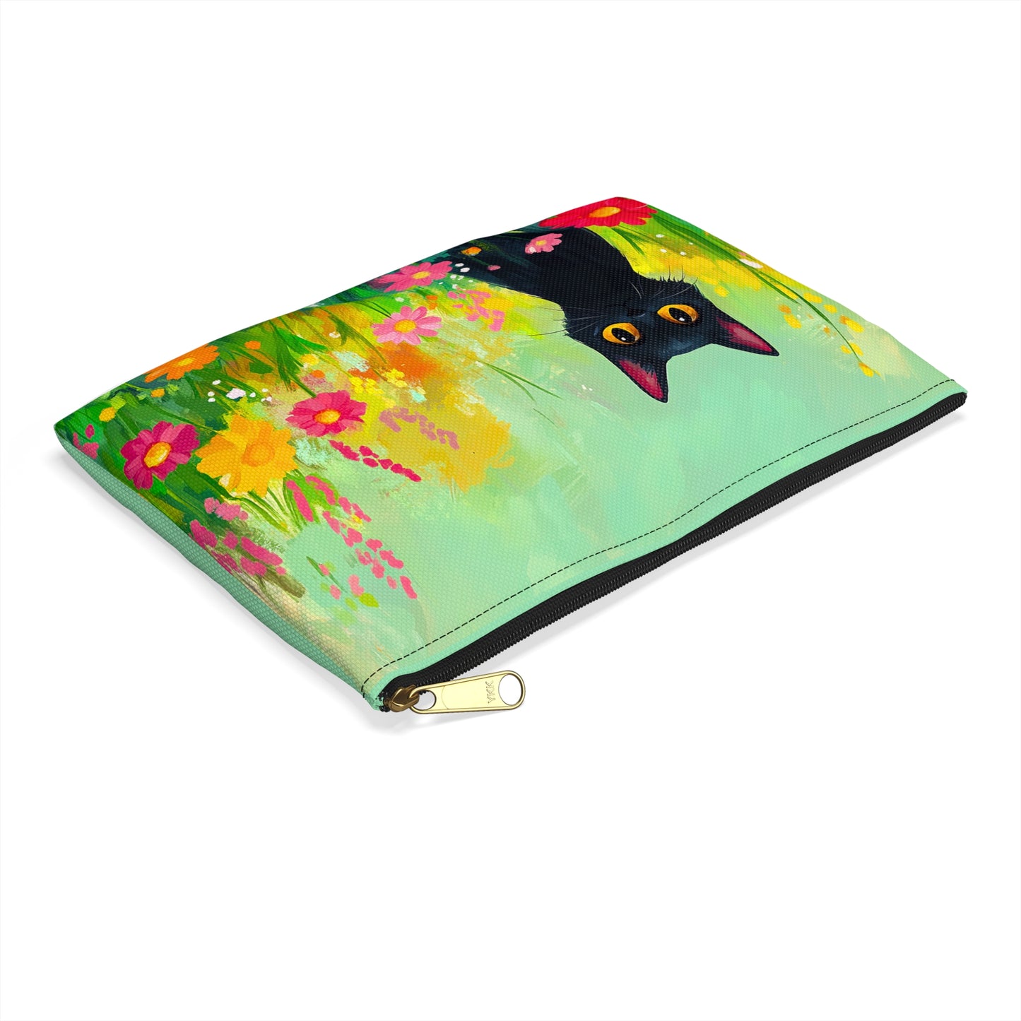 Painterly Black Cat in a Field of Flowers Accessory Pouch - Vibrant and Unique