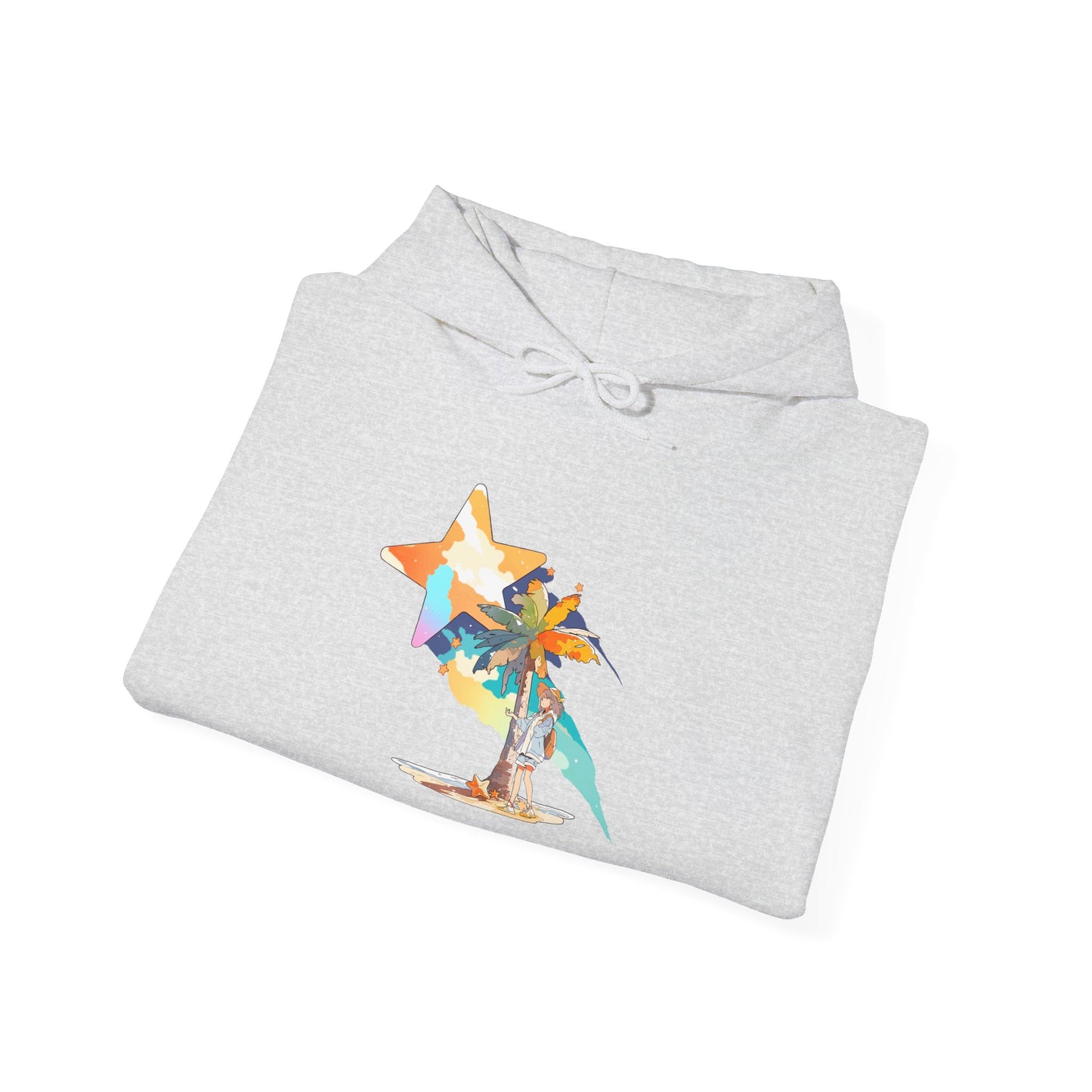 Anime Summer-Themed Unisex Heavy Blendâ„¢ Hooded Sweatshirt with Art of Girl & Coconut Tree under a Shooting Star - Warm Tropical Vibes