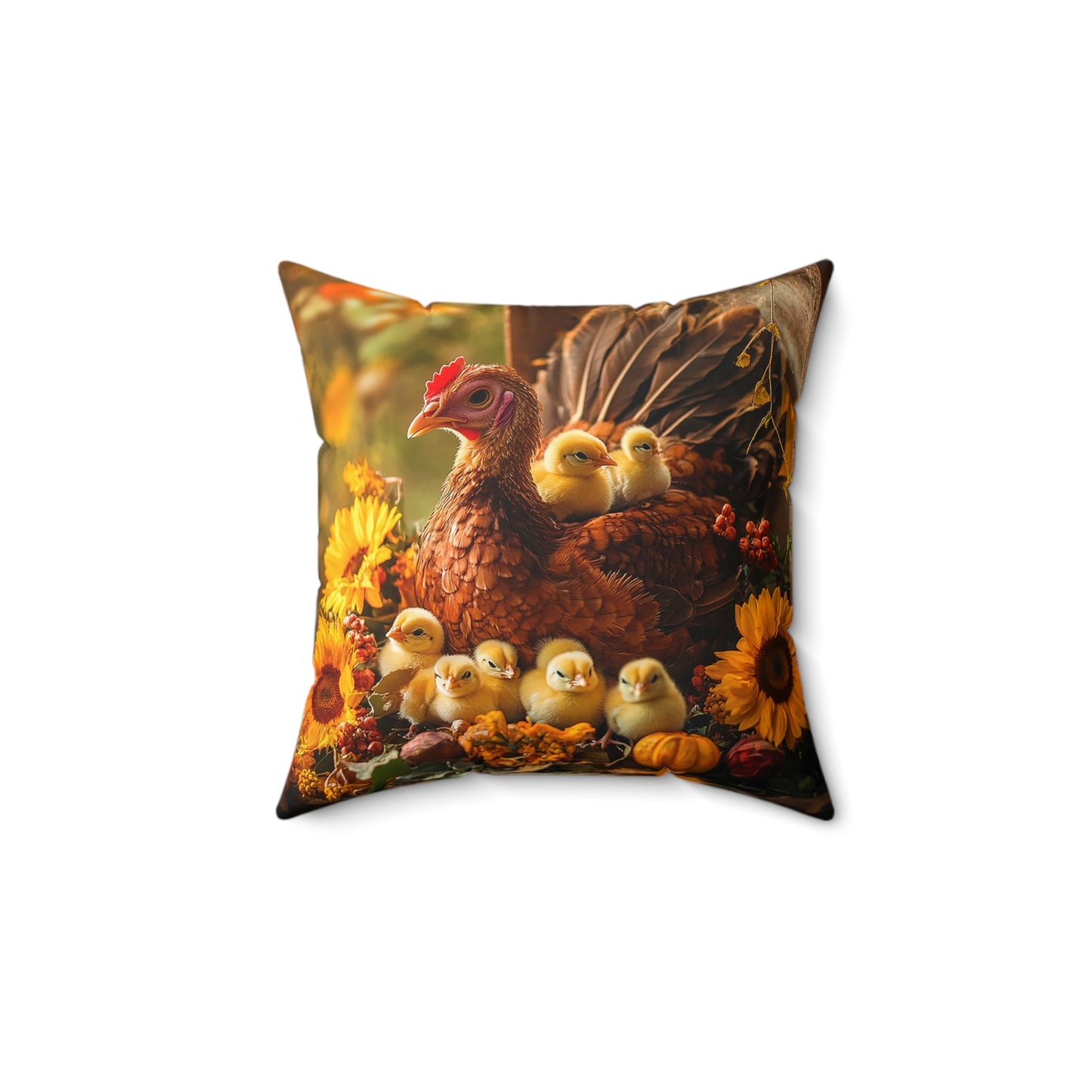 Charming Turkey With Chicks and Sunflowers Spun Polyester Square Pillow