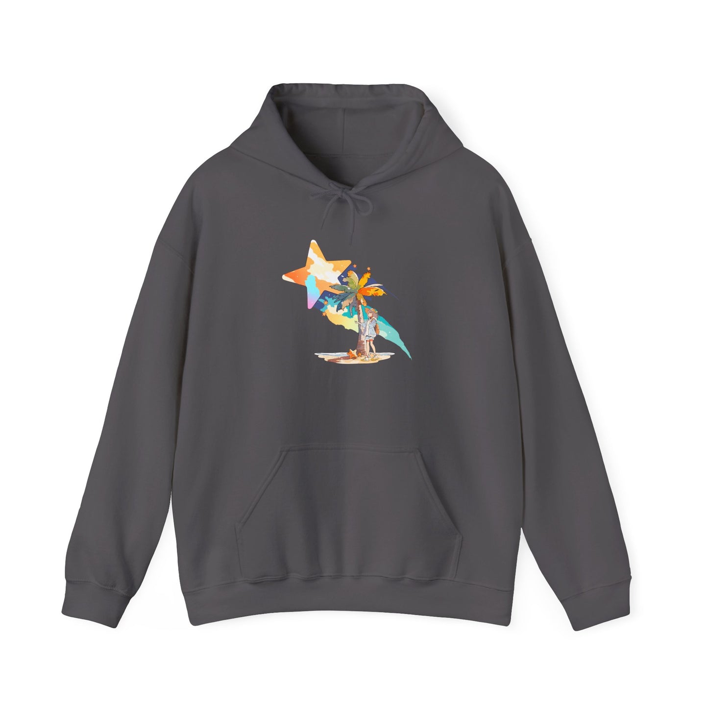Anime Summer-Themed Unisex Heavy Blendâ„¢ Hooded Sweatshirt with Art of Girl & Coconut Tree under a Shooting Star - Warm Tropical Vibes