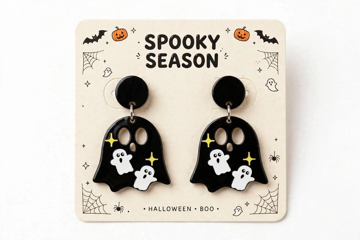 Black Sparkly Ghost Acrylic Earrings - Cute Halloween Stud Jewelry