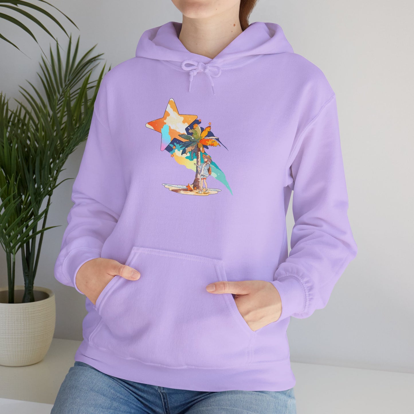 Anime Summer-Themed Unisex Heavy Blendâ„¢ Hooded Sweatshirt with Art of Girl & Coconut Tree under a Shooting Star - Warm Tropical Vibes