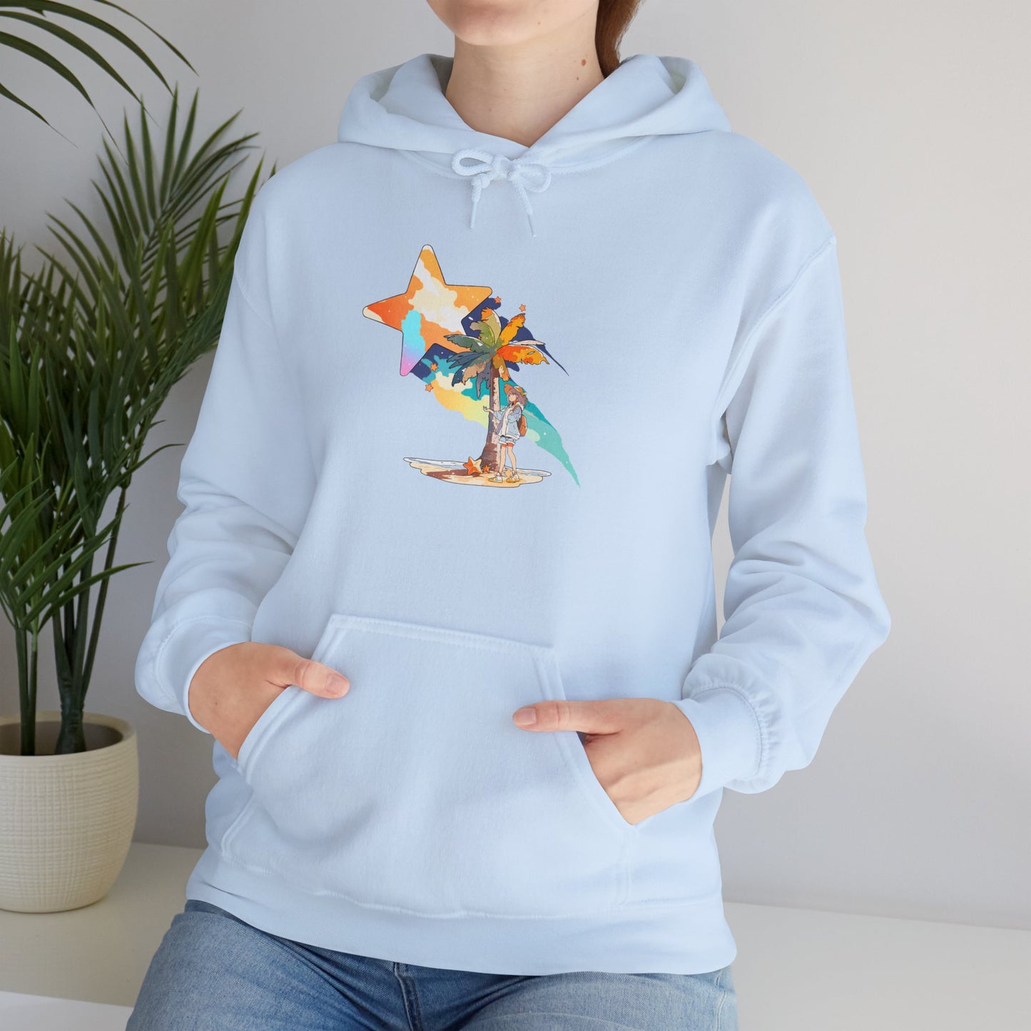 Anime Summer-Themed Unisex Heavy Blendâ„¢ Hooded Sweatshirt with Art of Girl & Coconut Tree under a Shooting Star - Warm Tropical Vibes
