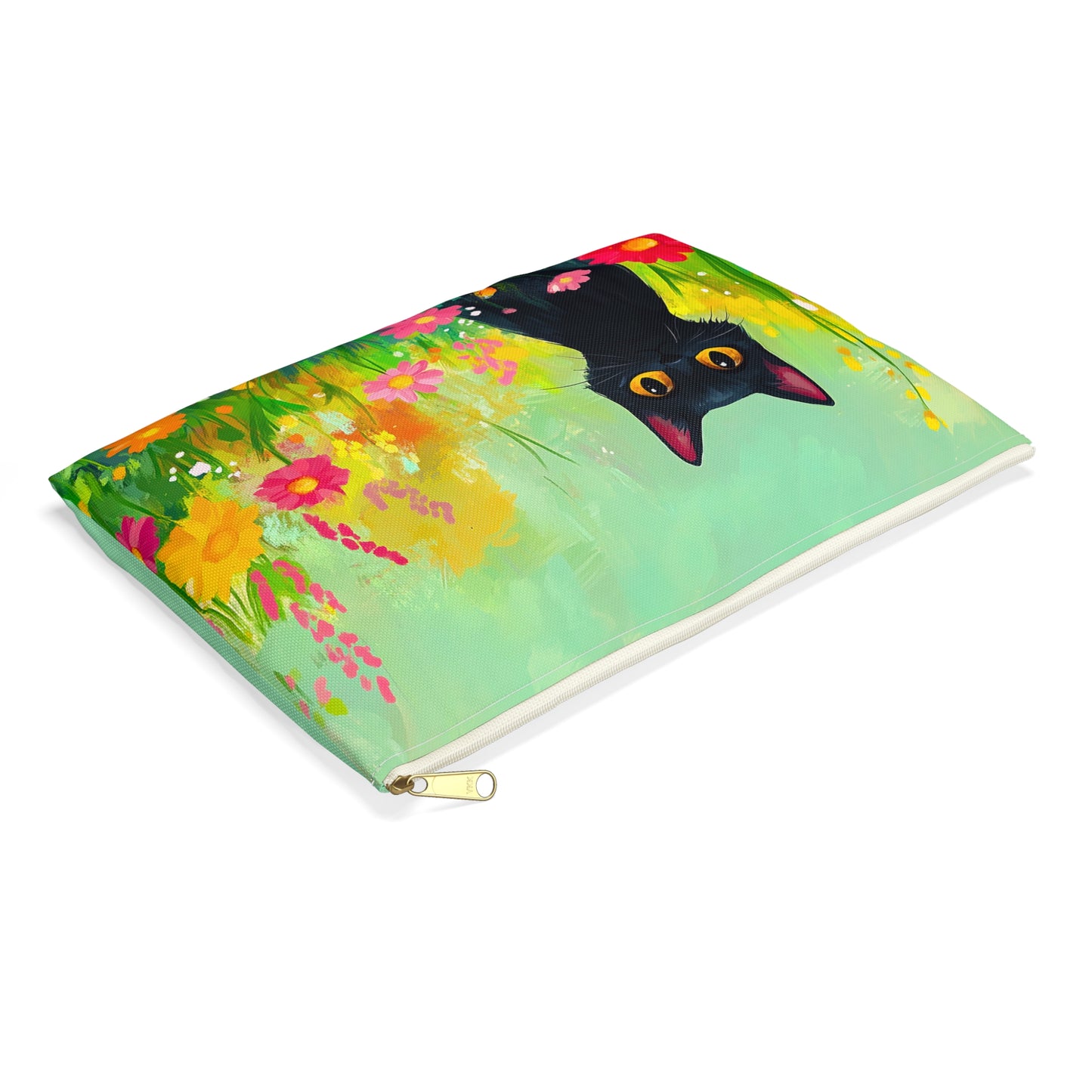 Painterly Black Cat in a Field of Flowers Accessory Pouch - Vibrant and Unique