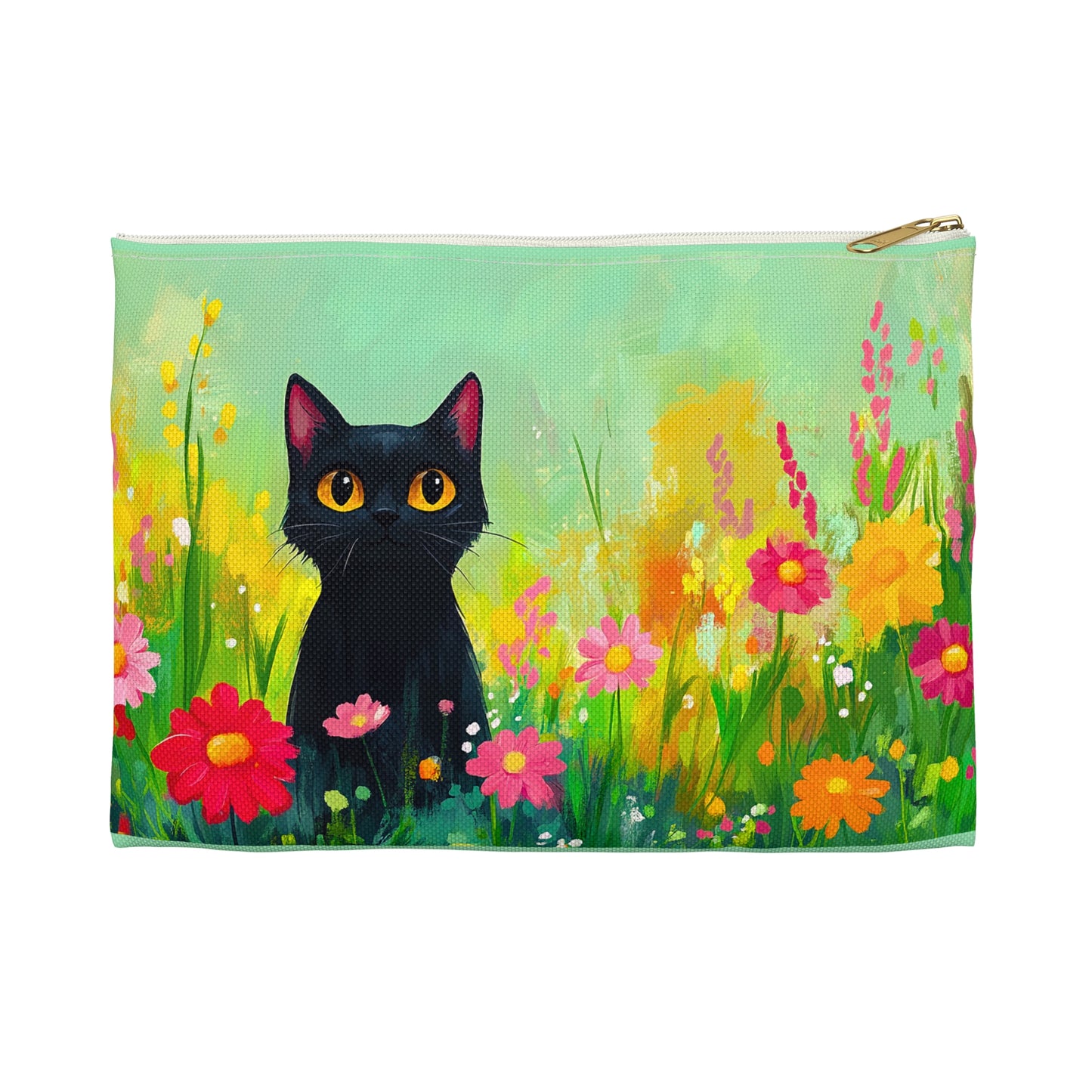 Painterly Black Cat in a Field of Flowers Accessory Pouch - Vibrant and Unique