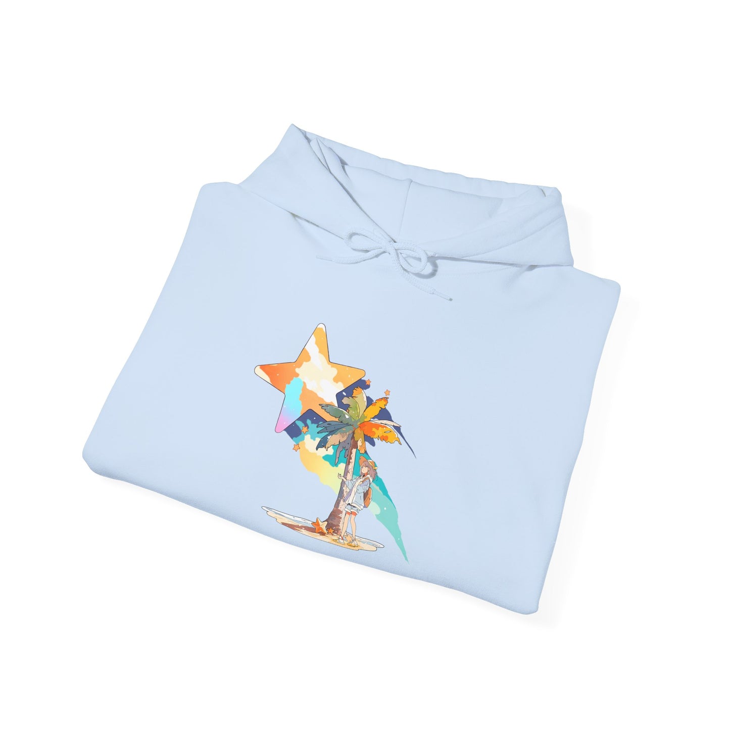 Anime Summer-Themed Unisex Heavy Blendâ„¢ Hooded Sweatshirt with Art of Girl & Coconut Tree under a Shooting Star - Warm Tropical Vibes
