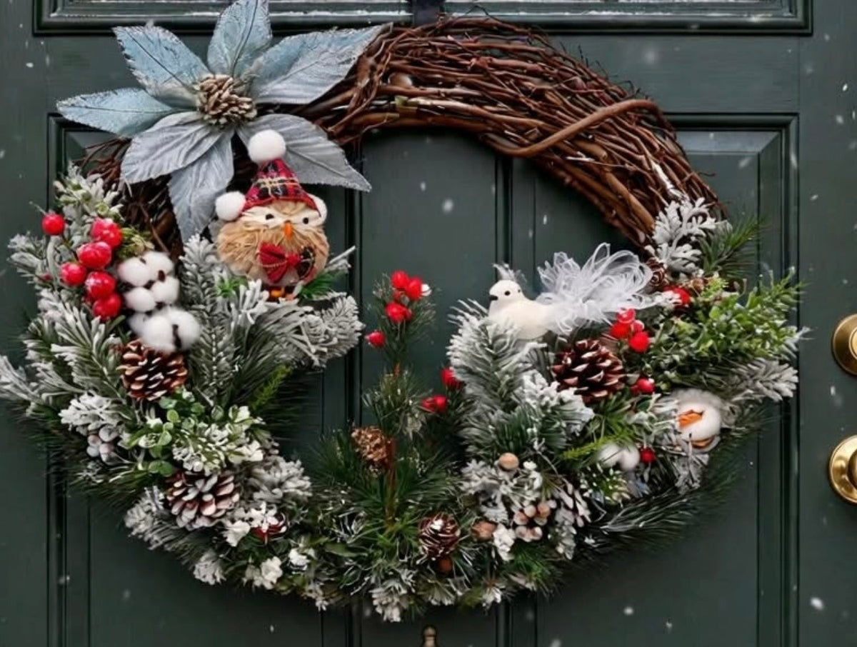Frosted Winter Christmas Wreath, Grapevine Wreath with Blue Poinsettia, Pinecones, Red Berries and White Birds