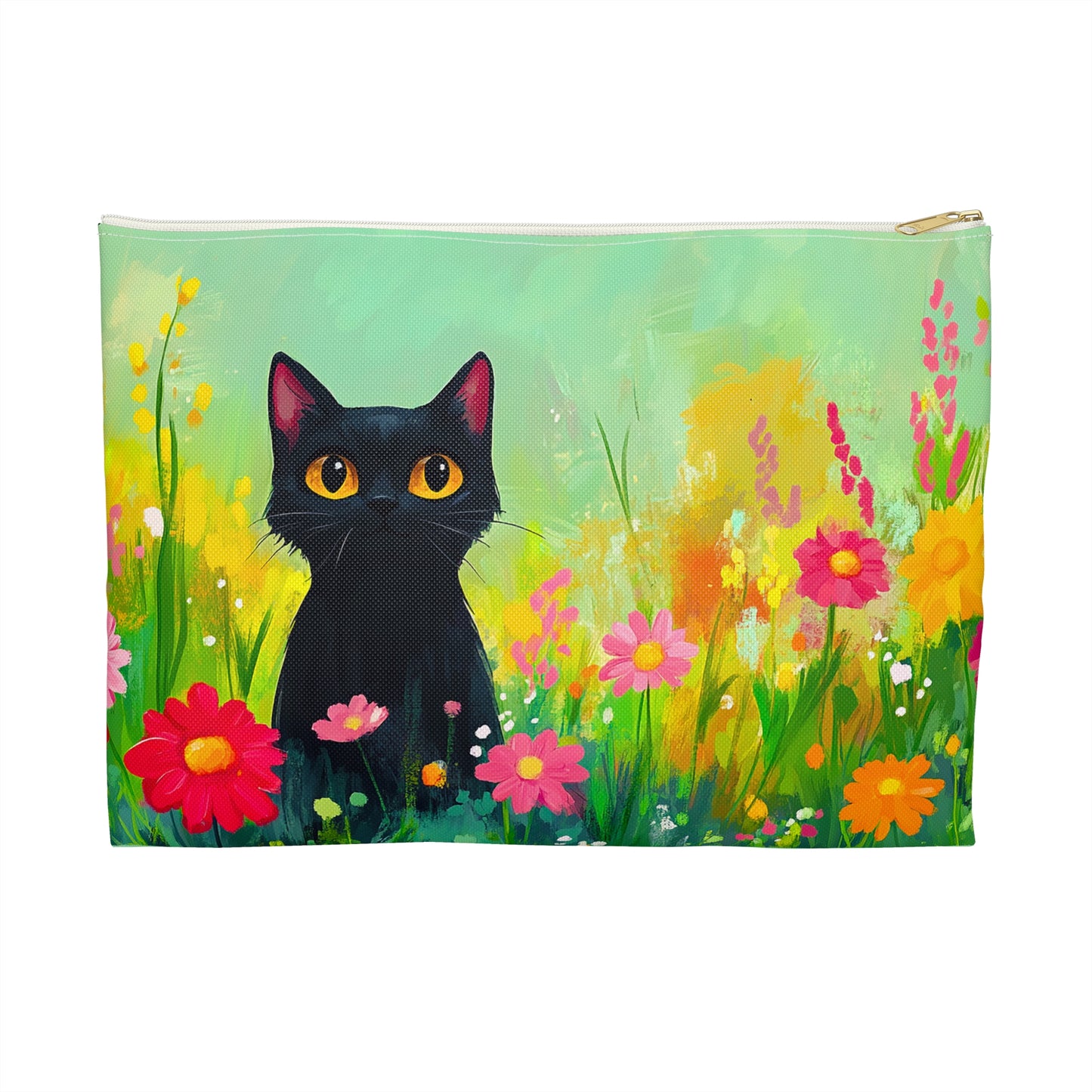 Painterly Black Cat in a Field of Flowers Accessory Pouch - Vibrant and Unique