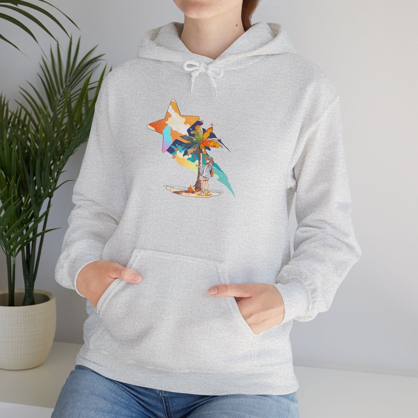 Anime Summer-Themed Unisex Heavy Blendâ„¢ Hooded Sweatshirt with Art of Girl & Coconut Tree under a Shooting Star - Warm Tropical Vibes