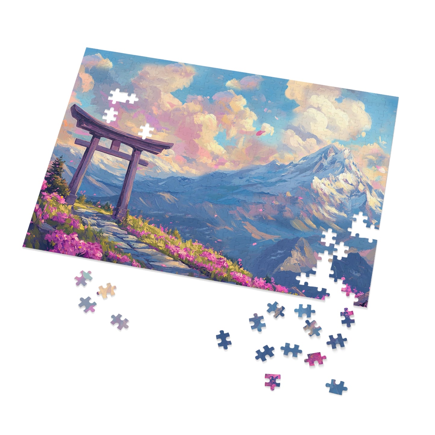 Serene Torii Gate Jigsaw Puzzle with Tin - Japanese Cherry Blossom Mountain Landscape