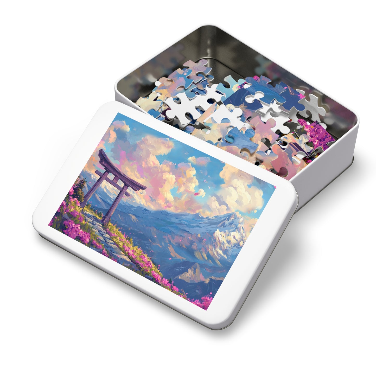 Serene Torii Gate Jigsaw Puzzle with Tin - Japanese Cherry Blossom Mountain Landscape