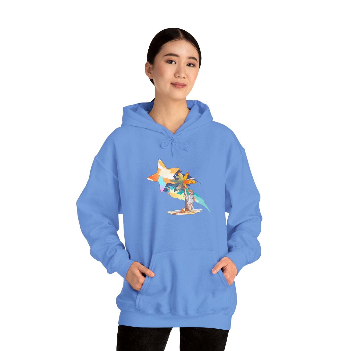 Anime Summer-Themed Unisex Heavy Blendâ„¢ Hooded Sweatshirt with Art of Girl & Coconut Tree under a Shooting Star - Warm Tropical Vibes