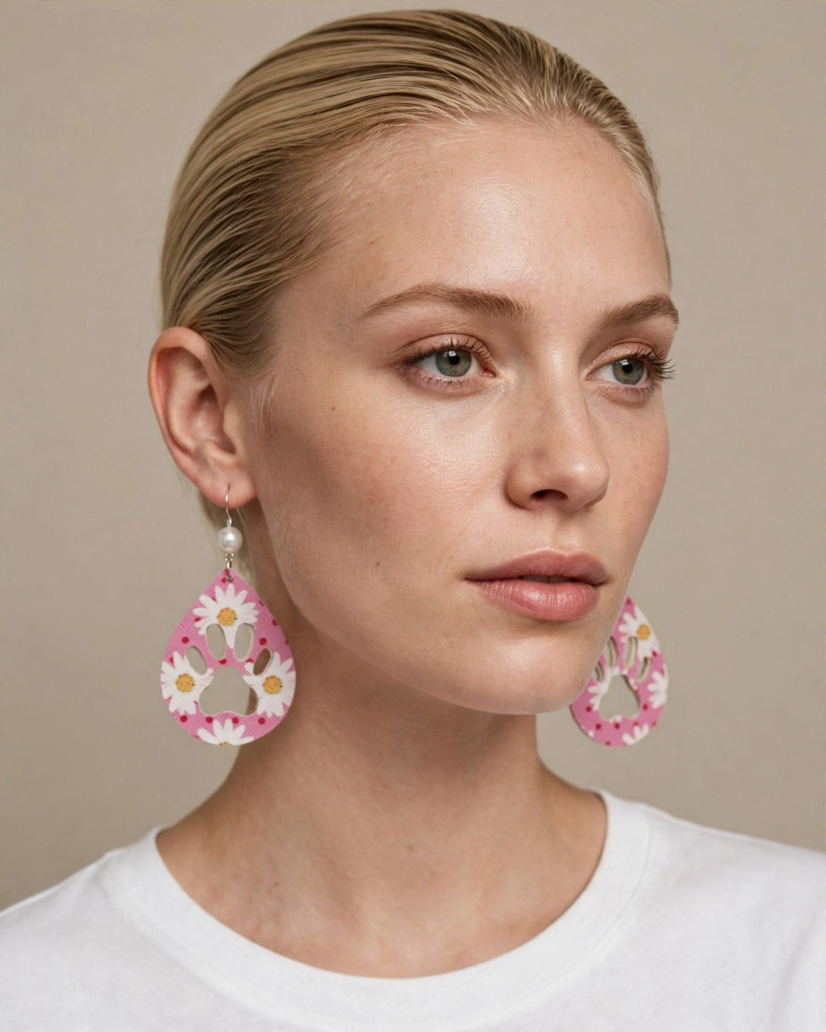 Pink Floral Paw Print Faux Leather Earrings - Vibrant Teardrop Jewelry