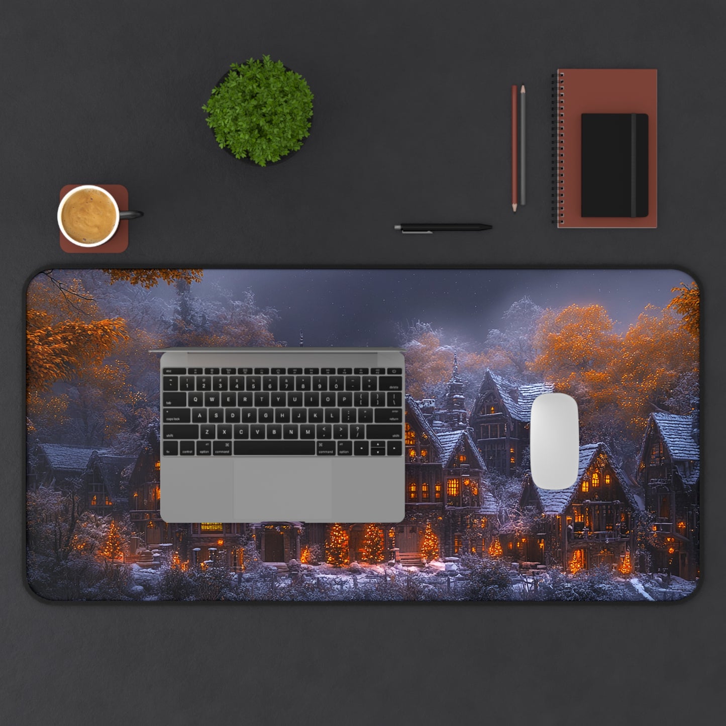 Rustic Winter Village Desk Mat - Lovely Snowy Desk Mat for Gamers - Holiday Gift Idea