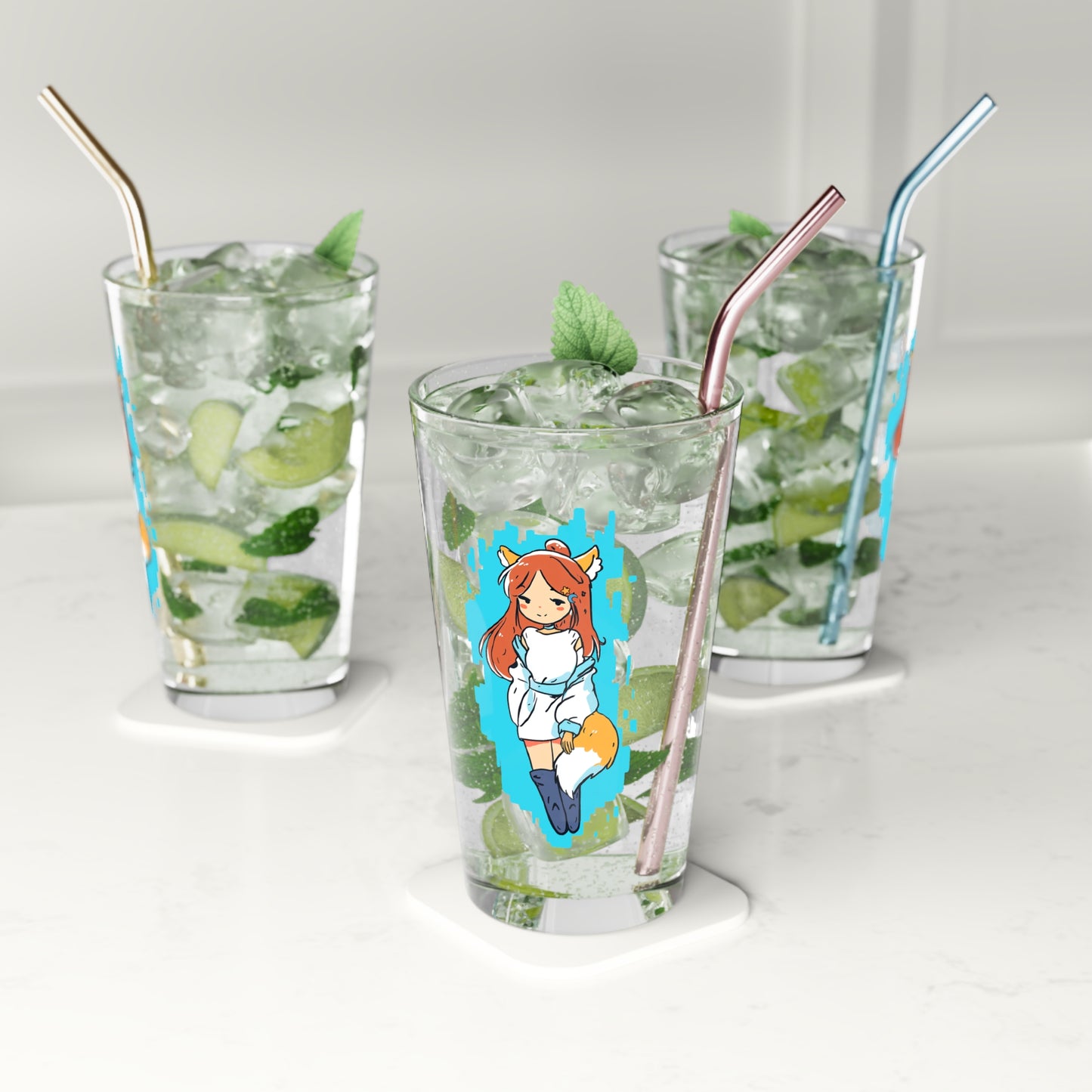 Charming Fox Girl - Cute & Sly Art on Light Blue Background - Anime Style - Pint Glass, 16oz