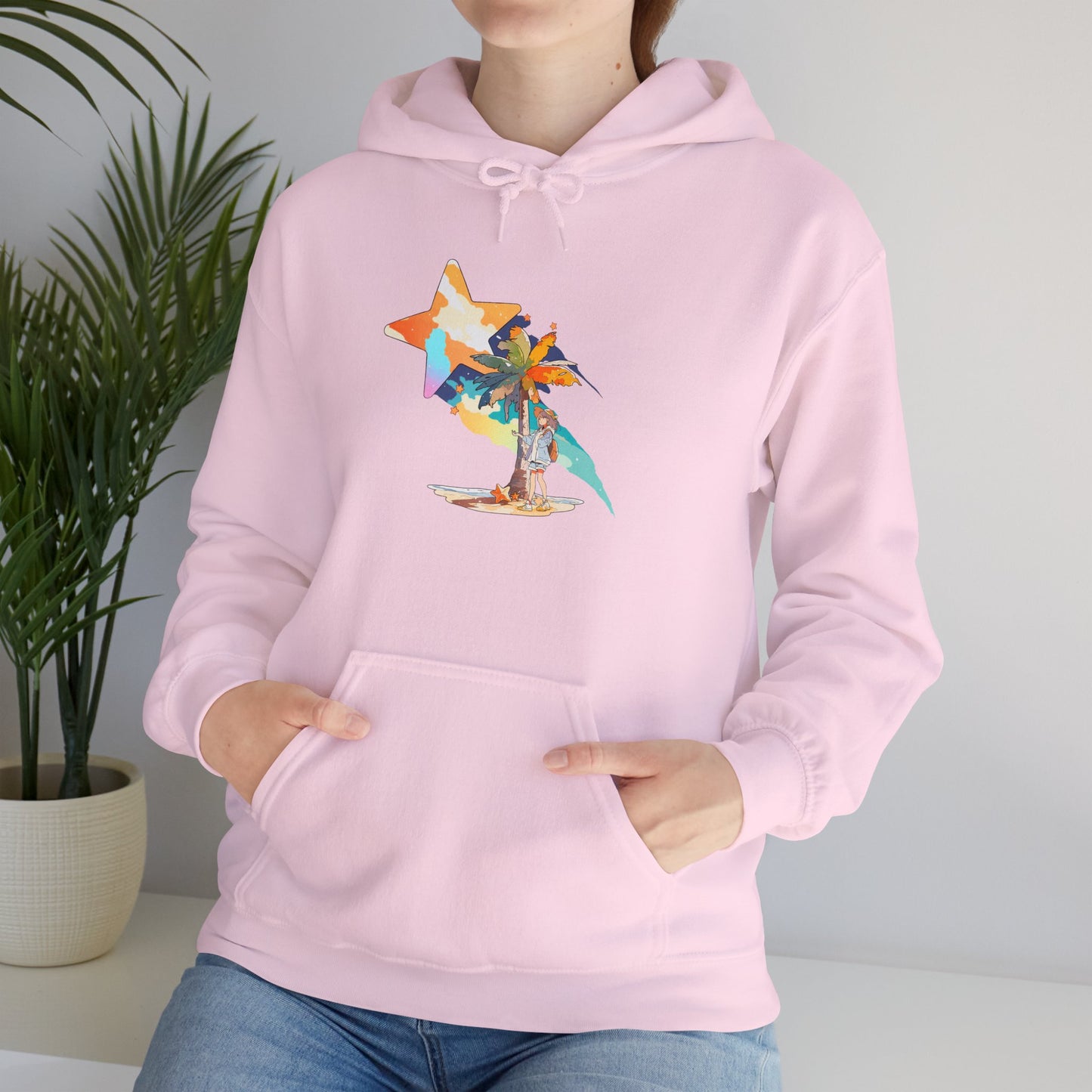 Anime Summer-Themed Unisex Heavy Blendâ„¢ Hooded Sweatshirt with Art of Girl & Coconut Tree under a Shooting Star - Warm Tropical Vibes