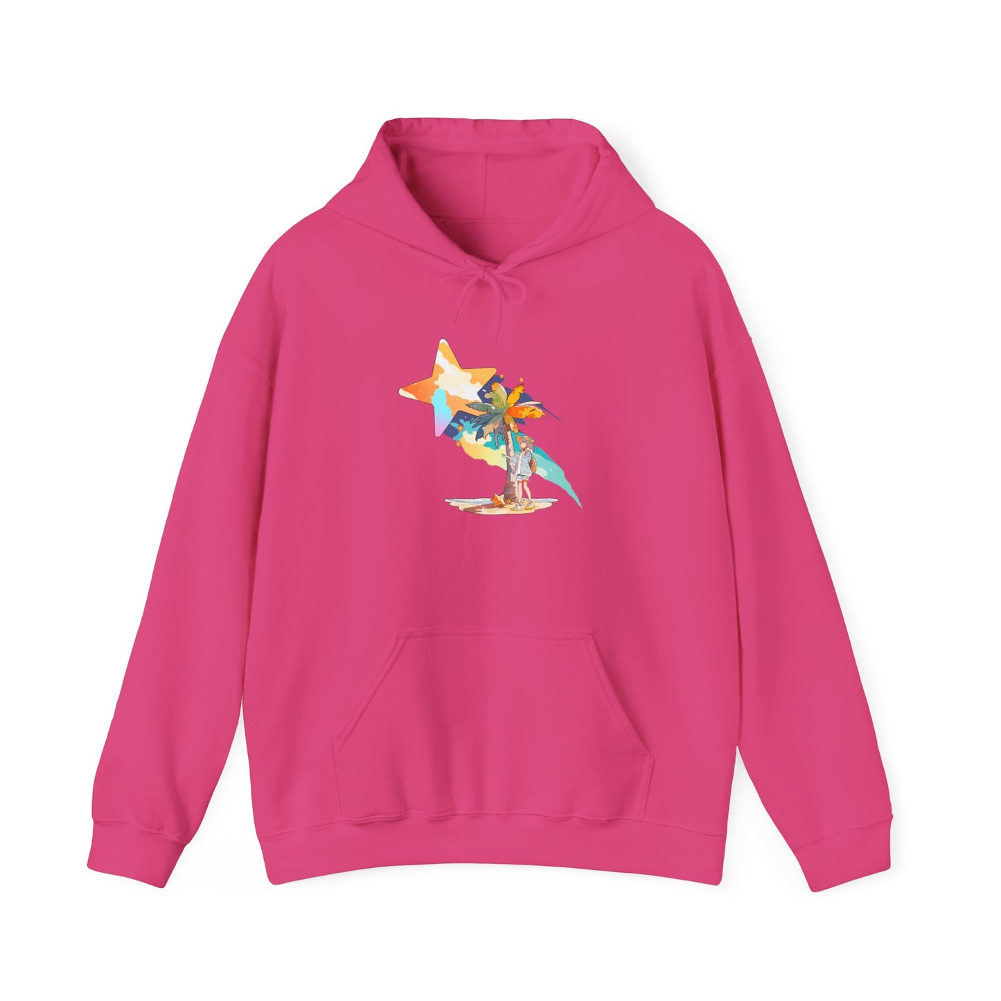 Anime Summer-Themed Unisex Heavy Blendâ„¢ Hooded Sweatshirt with Art of Girl & Coconut Tree under a Shooting Star - Warm Tropical Vibes