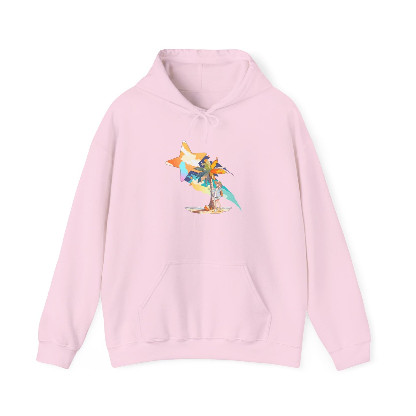 Anime Summer-Themed Unisex Heavy Blendâ„¢ Hooded Sweatshirt with Art of Girl & Coconut Tree under a Shooting Star - Warm Tropical Vibes