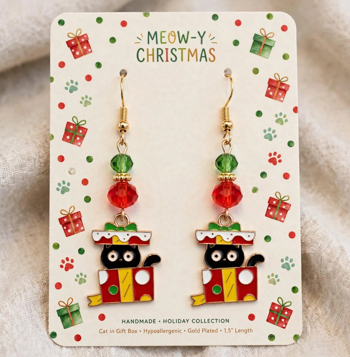Christmas Cat Present Enamel Earrings - Colorful Cute Dangle Jewelry