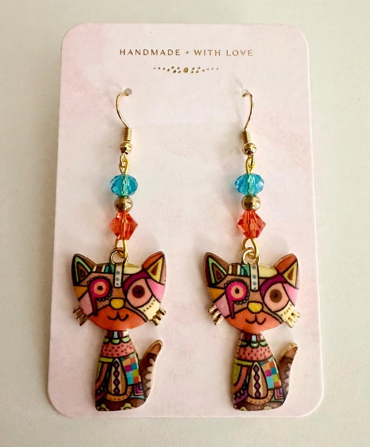 Orange Colorful Cat Enamel Charm Earrings - Abstract Dangle Jewelry