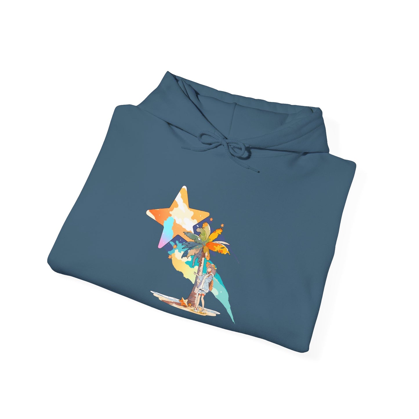 Anime Summer-Themed Unisex Heavy Blendâ„¢ Hooded Sweatshirt with Art of Girl & Coconut Tree under a Shooting Star - Warm Tropical Vibes