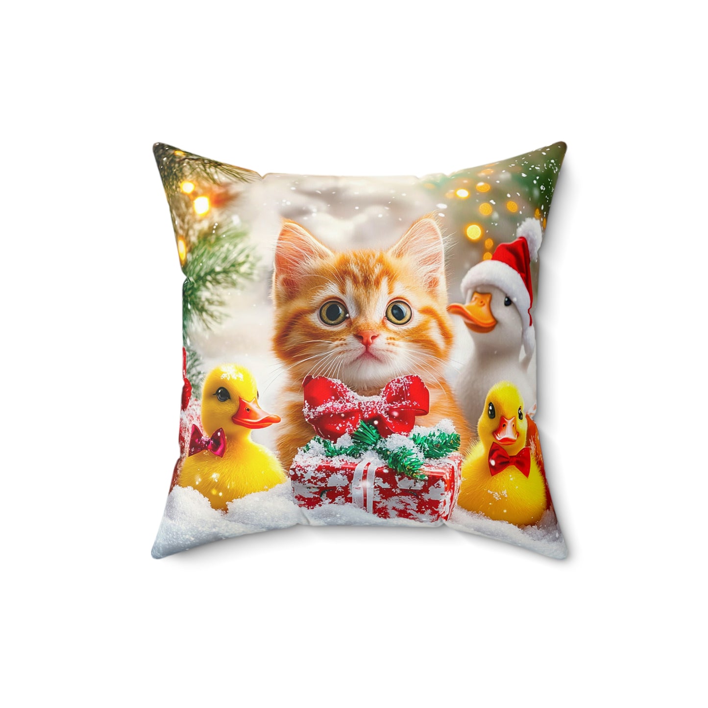 Christmas Cat with Ducks Spun Polyester Square Pillow