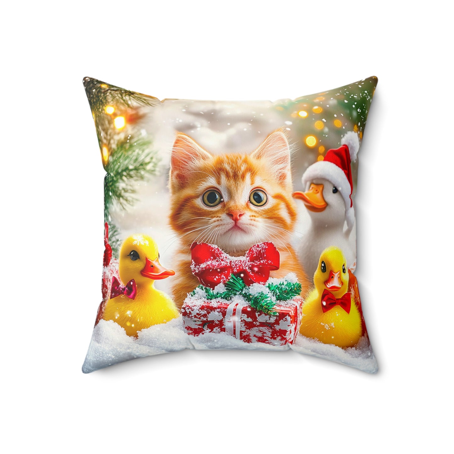 Christmas Cat with Ducks Spun Polyester Square Pillow