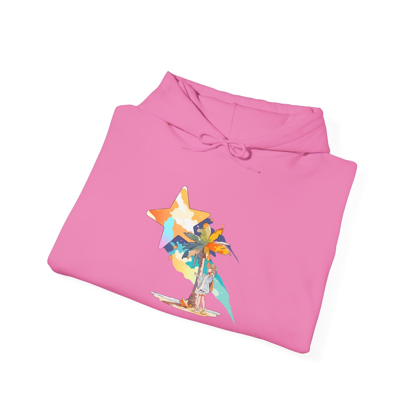 Anime Summer-Themed Unisex Heavy Blendâ„¢ Hooded Sweatshirt with Art of Girl & Coconut Tree under a Shooting Star - Warm Tropical Vibes