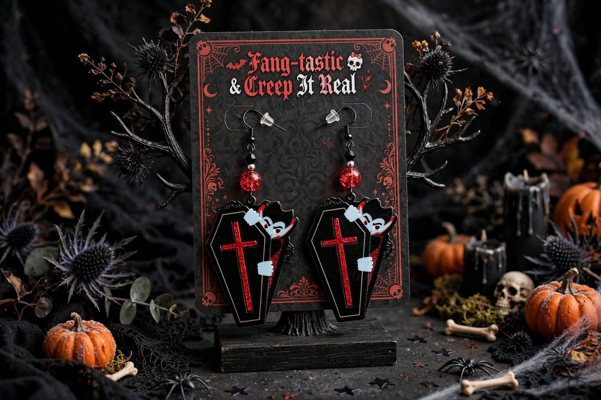 Vampire Coffin Halloween Dangle Earrings - Spooky Acrylic Jewelry