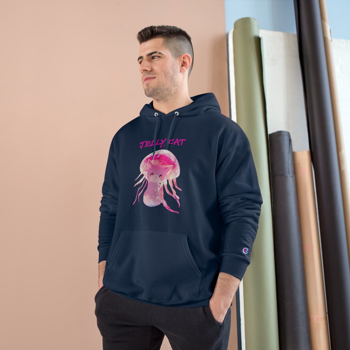 Cute Jellyfish Ghost Cat Hoodie - Pink Jellyfish Cat Design - Champion Pullover for Women & Men