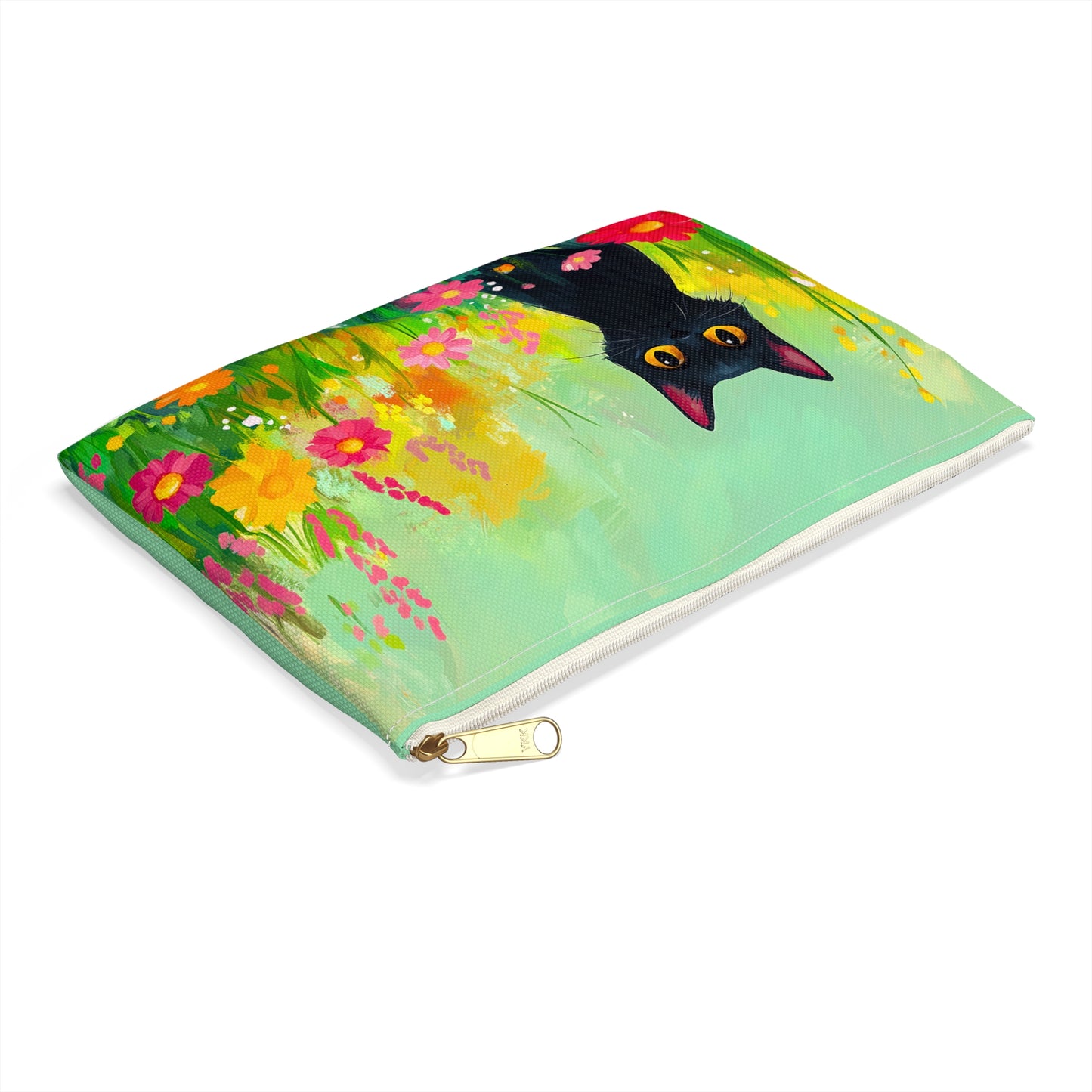 Painterly Black Cat in a Field of Flowers Accessory Pouch - Vibrant and Unique