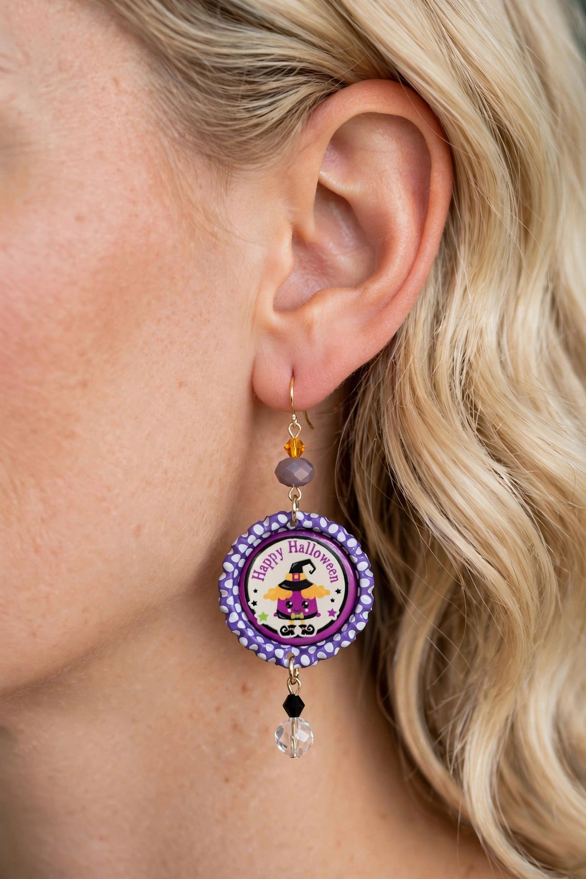 Happy Halloween Purple Witch Bottlecap Earrings - Festive Dangle Jewelry