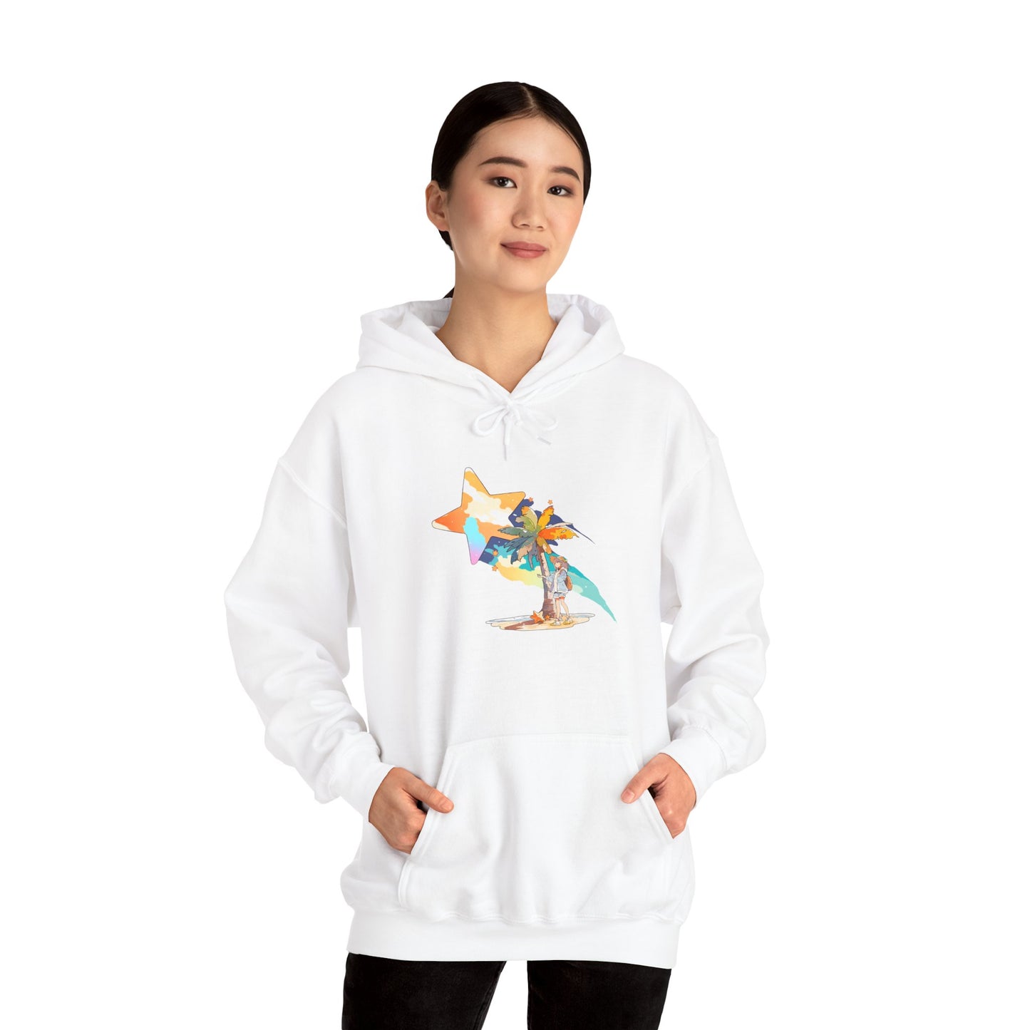 Anime Summer-Themed Unisex Heavy Blendâ„¢ Hooded Sweatshirt with Art of Girl & Coconut Tree under a Shooting Star - Warm Tropical Vibes