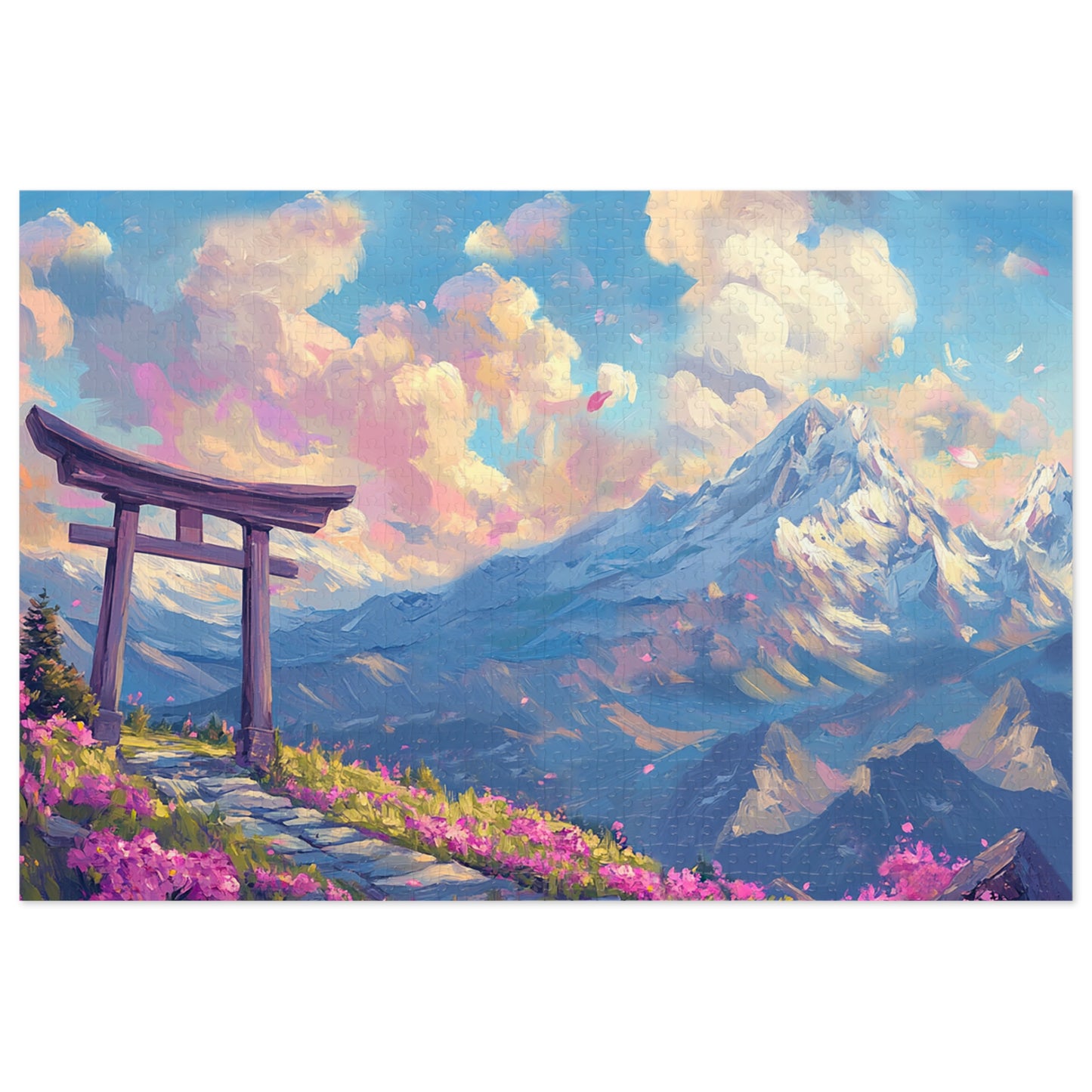 Serene Torii Gate Jigsaw Puzzle with Tin - Japanese Cherry Blossom Mountain Landscape