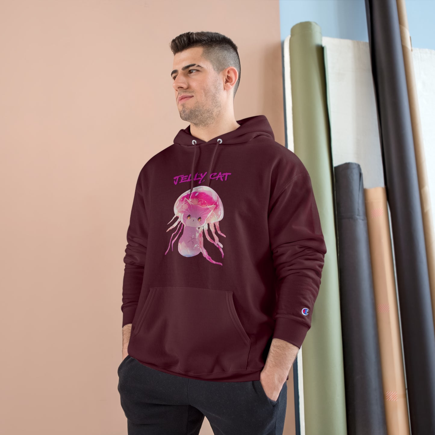 Cute Jellyfish Ghost Cat Hoodie - Pink Jellyfish Cat Design - Champion Pullover for Women & Men
