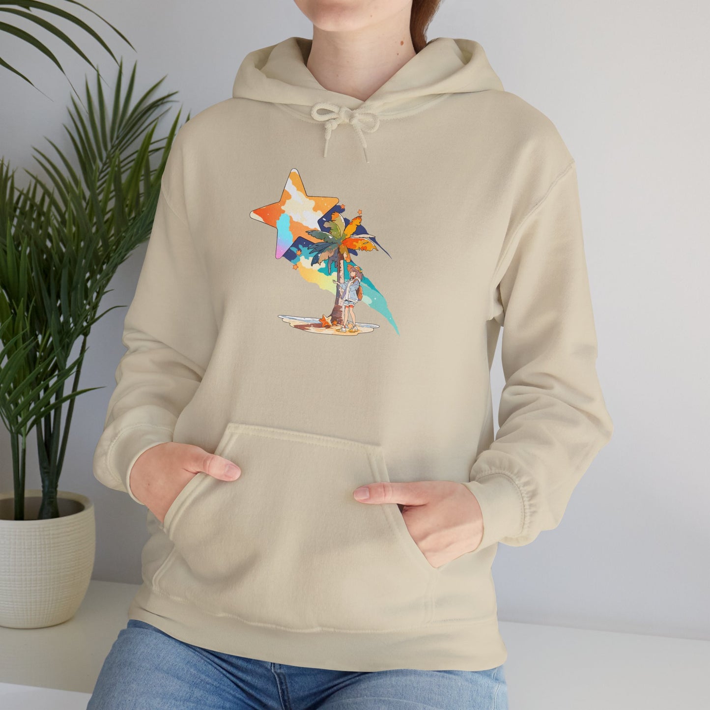 Anime Summer-Themed Unisex Heavy Blendâ„¢ Hooded Sweatshirt with Art of Girl & Coconut Tree under a Shooting Star - Warm Tropical Vibes