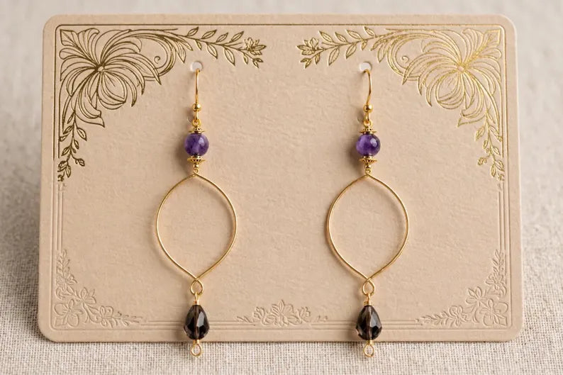 Handmade Amethyst & Smoky Quartz Earrings - Smooth Thin Gold Marquise Hoop Dangle Earrings - 14K Gold Plated Boho Drop Earrings