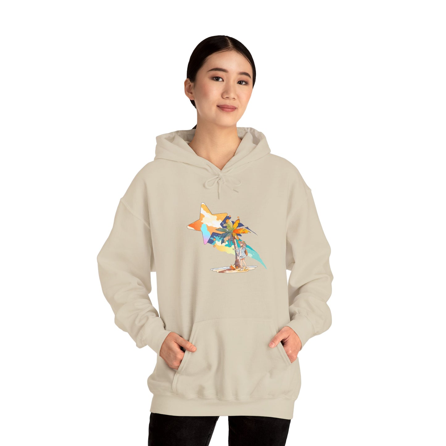 Anime Summer-Themed Unisex Heavy Blendâ„¢ Hooded Sweatshirt with Art of Girl & Coconut Tree under a Shooting Star - Warm Tropical Vibes