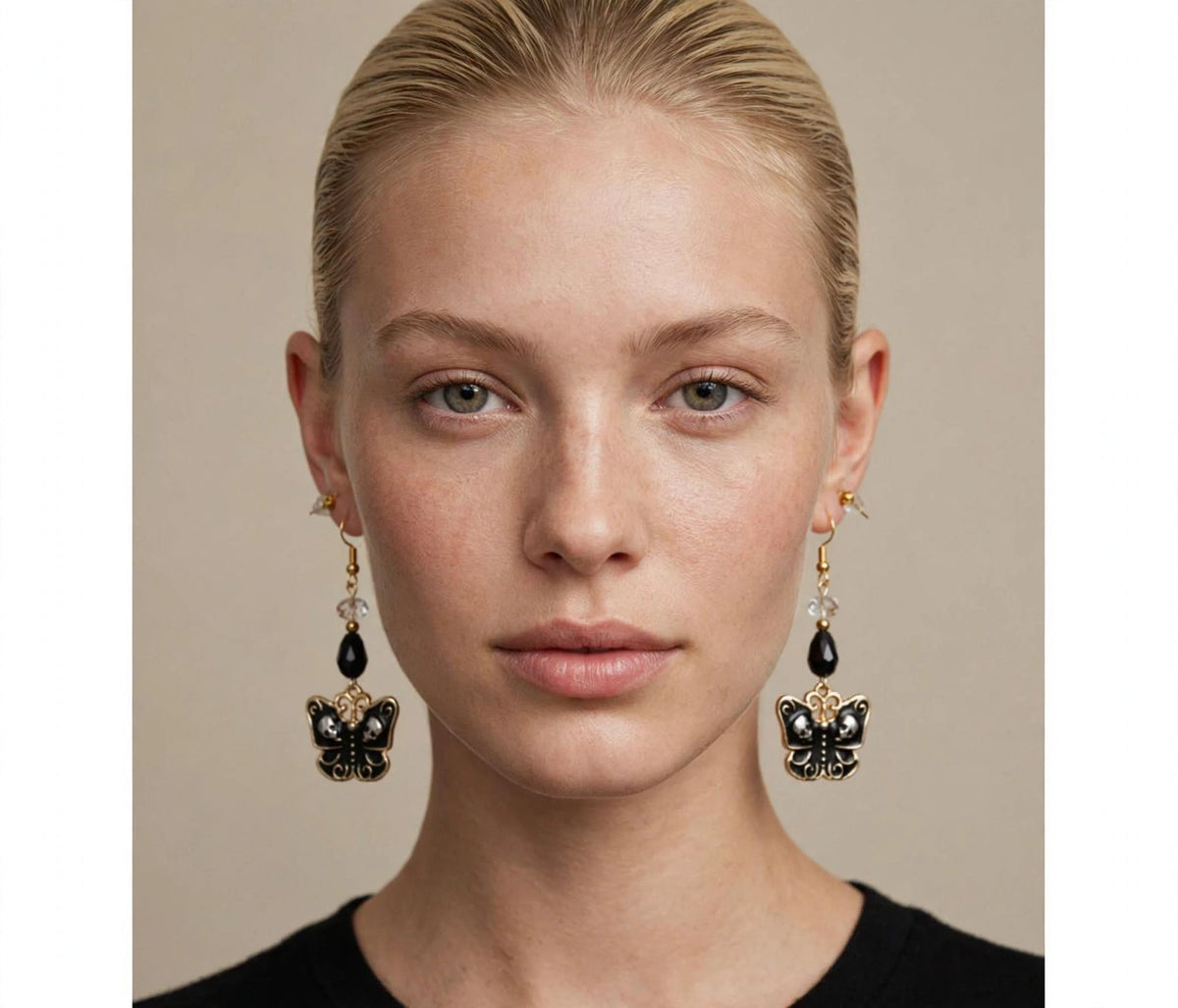 Gothic Black Butterfly Skull Earrings - Enamel Dark Dangle Jewelry