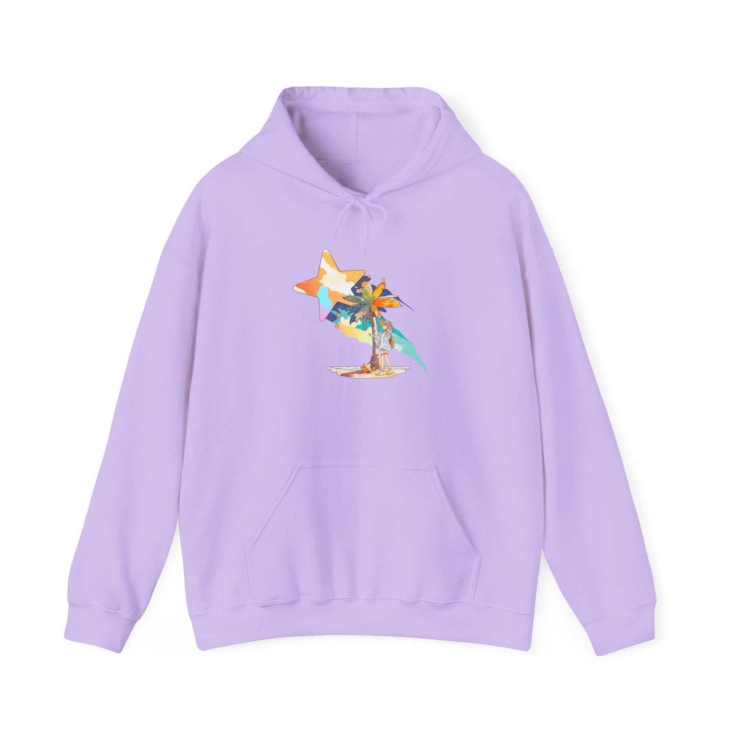 Anime Summer-Themed Unisex Heavy Blendâ„¢ Hooded Sweatshirt with Art of Girl & Coconut Tree under a Shooting Star - Warm Tropical Vibes