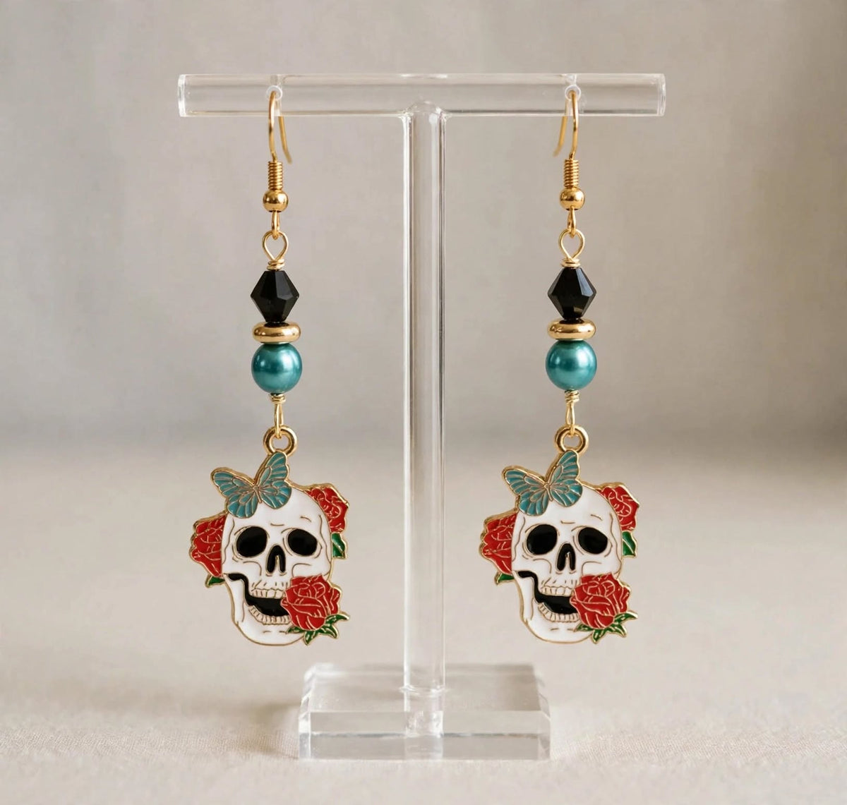 Butterfly Red Rose Sugar Skull Enamel Earrings - Elegant Dangle Jewelry